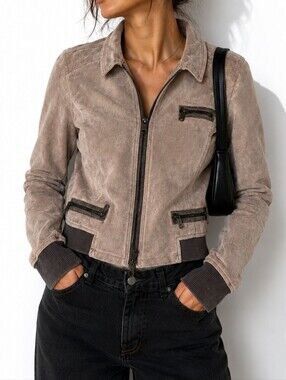 Vintage Suede Zip Fall Grunge Bomber Jacket in Dusty Brown